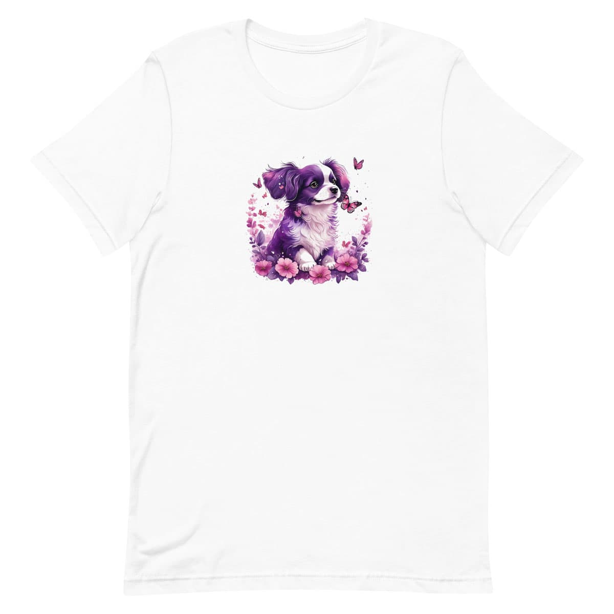 White crew neck short sleeved t-shirt, features a puppy in a wicked basket overflowing with delicate floral.

