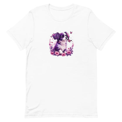 White crew neck short sleeved t-shirt, features a puppy in a wicked basket overflowing with delicate floral.
