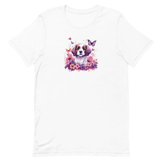 White crew neck short sleeved t-shirt, featuring an utterly charming puppy nestled amidst a blooming floral spectacle within a wicker basket. 