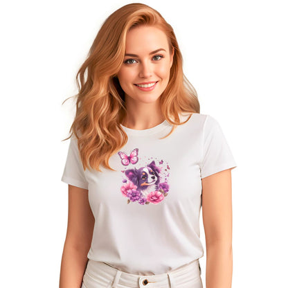 White crew neck short sleeved t-shirt, featuring an adorable puppy nestled amidst a blooming wicker-basket garden.  Female model shown in close-up to highlight print and fit.

