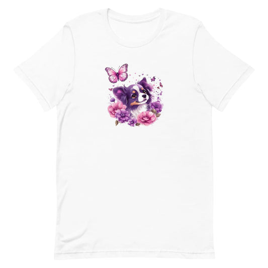 White crew neck short sleeved t-shirt, featuring an adorable puppy nestled amidst a blooming wicker-basket garden.
