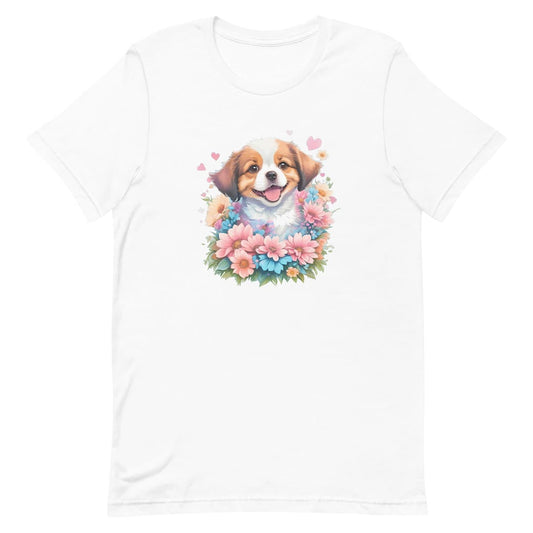 White crew neck short sleeved t-shirt, showcases an adorable Australian shepherd pup amidst a floral fiesta. Female model shown in close-up to highlight print and fit.
