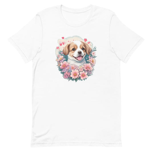 White crew neck short sleeved t-shirt, Showcases an adorable happy  Spaniel pup, nestled among a bloom-filled wicker basket.