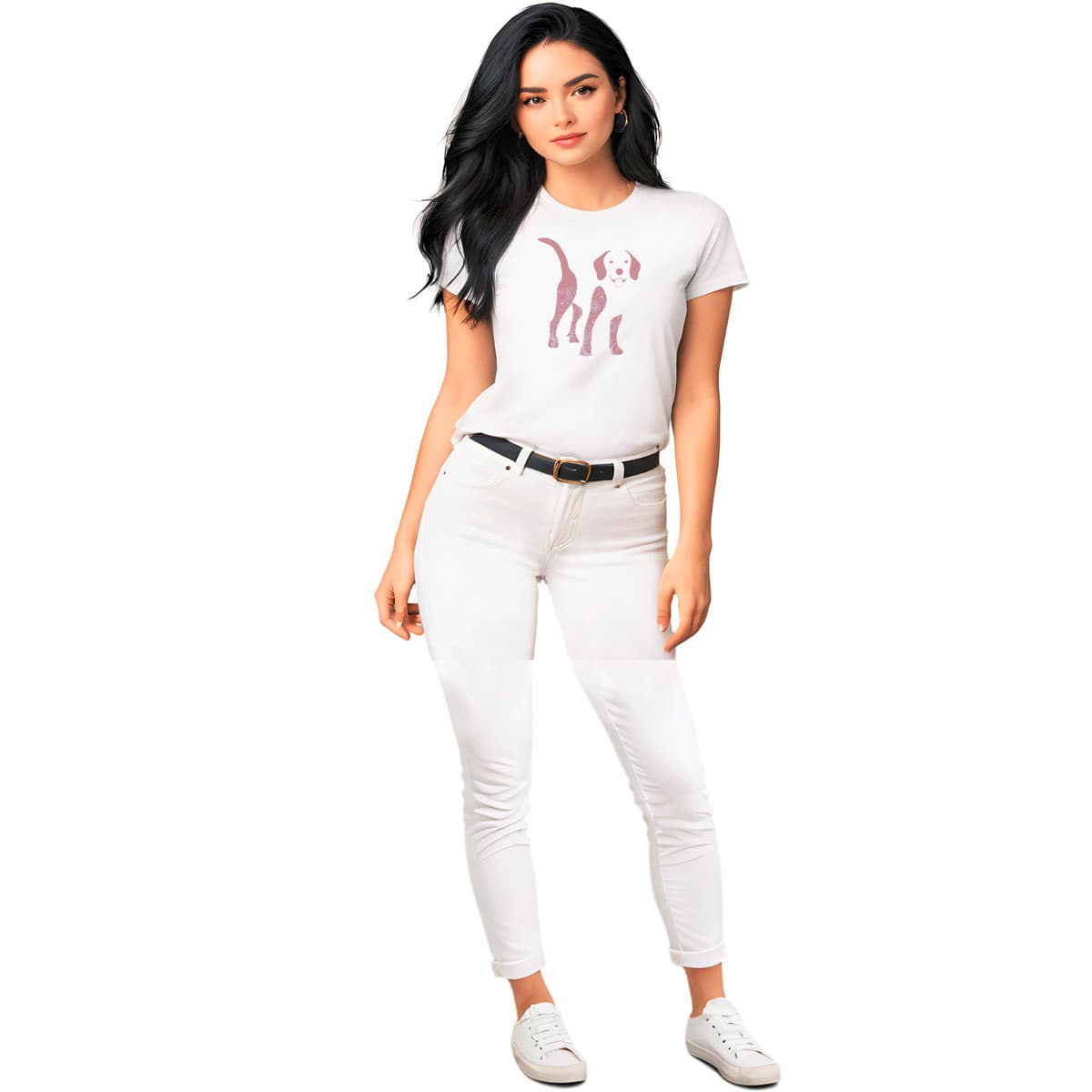 White crew neck short sleeved t-shirt, features a cute Beagle silhouette graphic print, surrounded by a delightful flower and pattern design in vibrate colors and shades