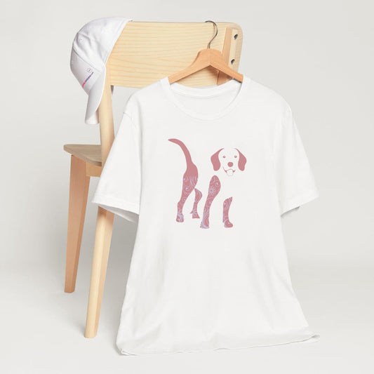 White crew neck short sleeved t-shirt, features a cute Beagle silhouette graphic print, surrounded by a delightful flower and pattern design in vibrate colors and shades. soft, breathable, and vintage-style dog lover tee