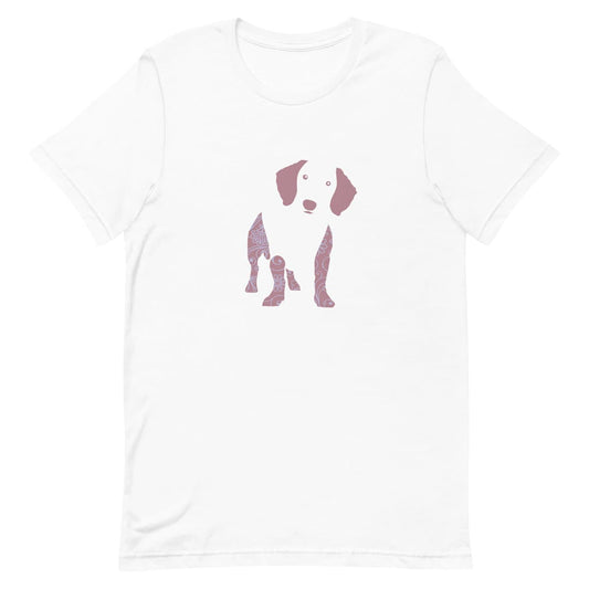White crew neck short sleeved t-shirt, feature a Dachshund silhouette with floral and swirl pattern design in vibrant colors.