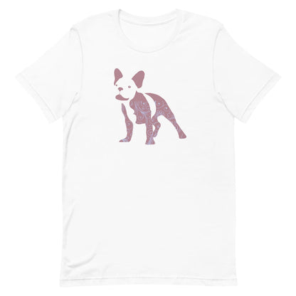 White crew neck short sleeved t-shirt, features a charming bulldog silhouette with floral, and swirl pattern design.