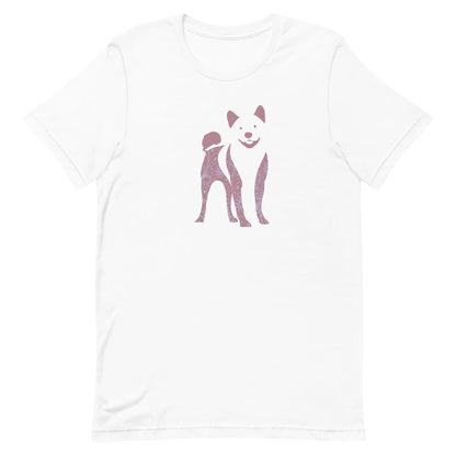 White crew neck short sleeved t-shirt, feature graphic print of a Shiba Inu with pastel and purple flower pattern design.