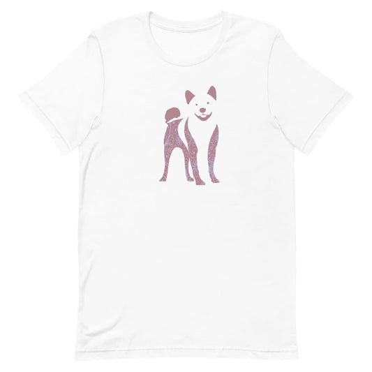 White crew neck short sleeved t-shirt, feature graphic print of a Shiba Inu with pastel and purple flower pattern design.