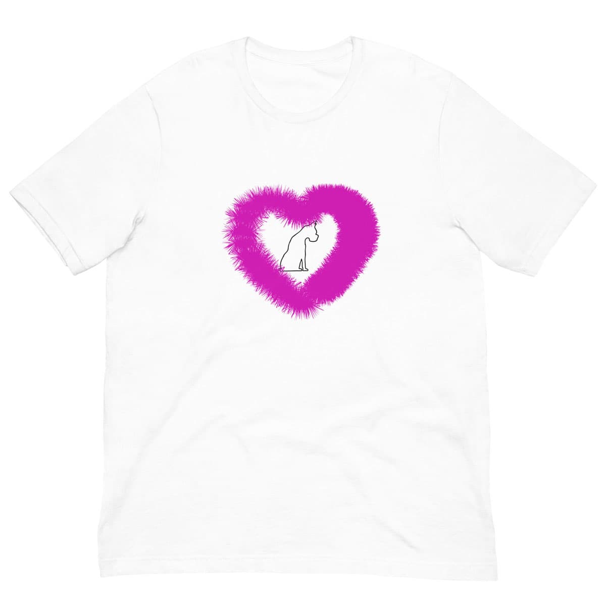 White crew neck short sleeved t-shirt, feature a sitting black one-lined hand drawn dog, in a fluffy pink heart. 