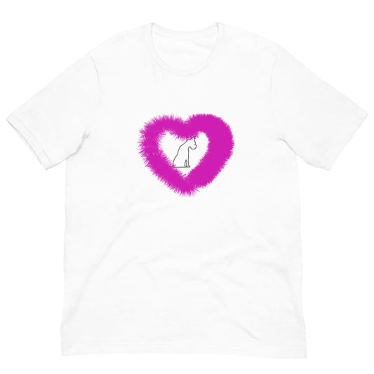 White crew neck short sleeved t-shirt, feature a sitting black one-lined hand drawn dog, in a fluffy pink heart. 