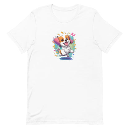 White crew neck short sleeved t-shirt, features a happy puppy in vibrant colors, bold and artistry