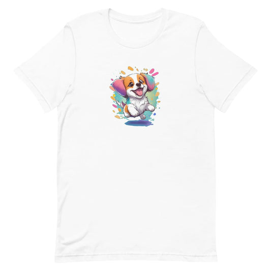 White crew neck short sleeved t-shirt, features a happy puppy in vibrant colors, bold and artistry