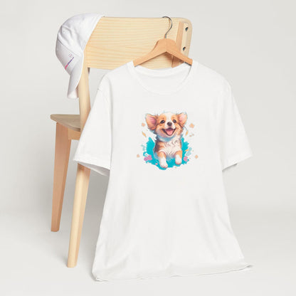 White crew neck short sleeved t-shirt, feature a happy Corgi puppy nestled in a wicker basket of vibrant blooms. and colorful design. T-shirt hanging on chair shown in close-up to highlight print and size
