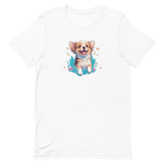 White crew neck short sleeved t-shirt, feature a happy Corgi puppy nestled in a wicker basket of vibrant blooms. and colorful design.