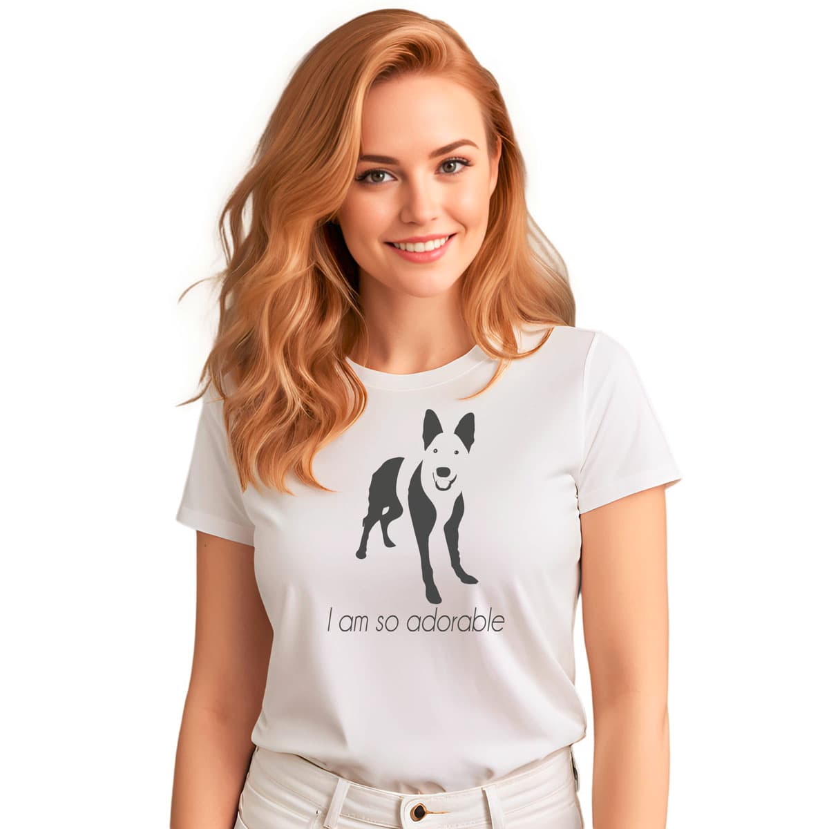White crew neck short sleeved t-shirt, featuring a one-line graphic print of a hand-drawn German Shepherd with its tongue out, and the playful text "I am so adorable”. Female model shown in close-up to highlight print and fit.