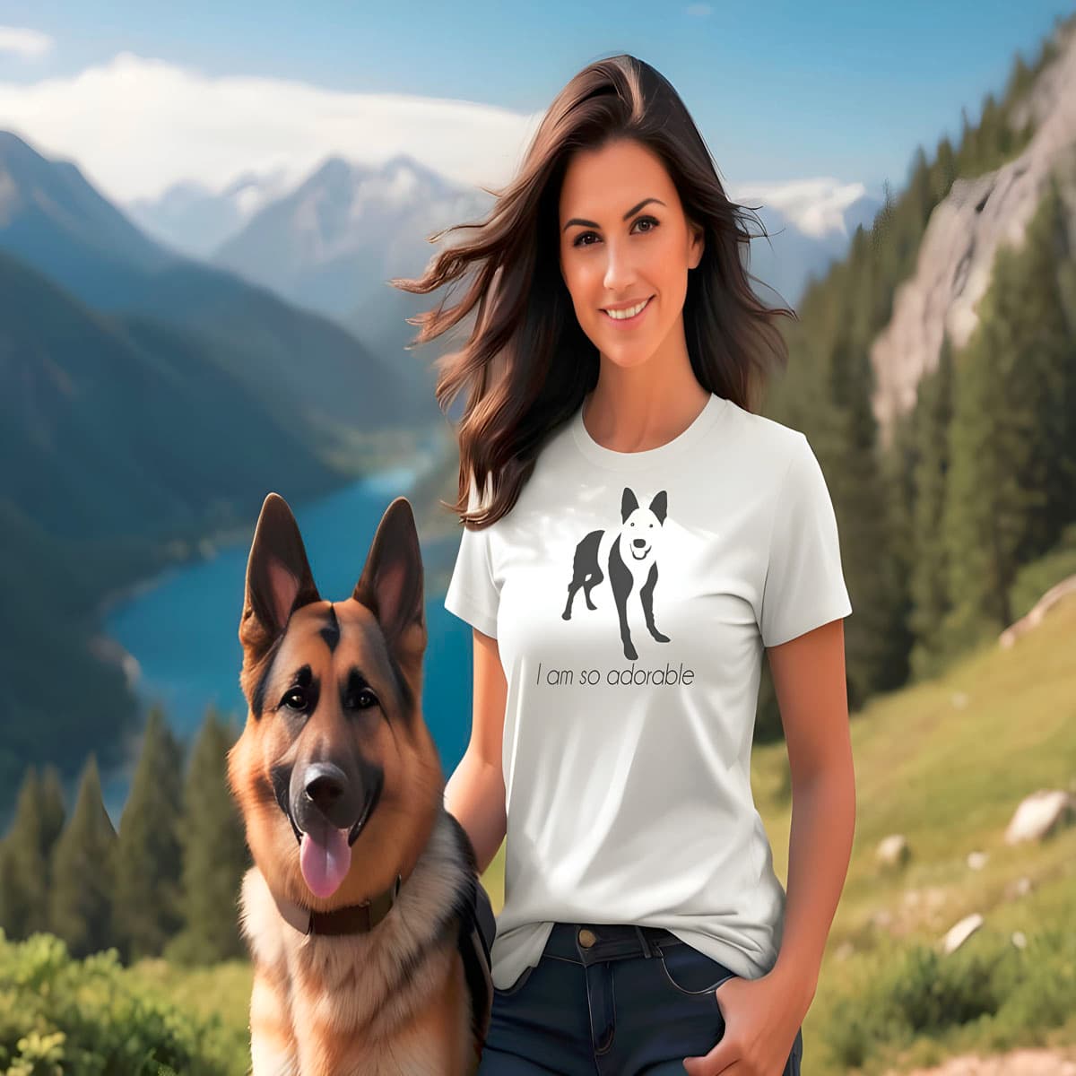 Women walking in the mountain, with a German Shepherd. She is wearing a 
white crew neck short sleeved t-shirt, featuring a one-line graphic print of a hand-drawn German Shepherd with its tongue out, and the playful text "I am so adorable”.