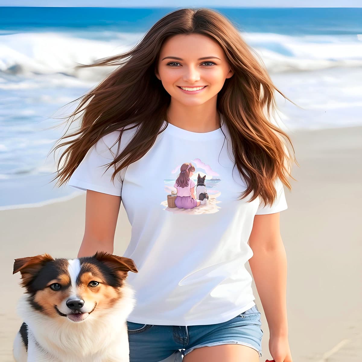 Women walking at a beach, with a dog. She is wearing a white crew neck short sleeved t-shirt, portraying a girl and her spirited pup basking in beach side, a lively hand-drawn illustration, a harmonious blend of dark reds, purples, and pinks.
