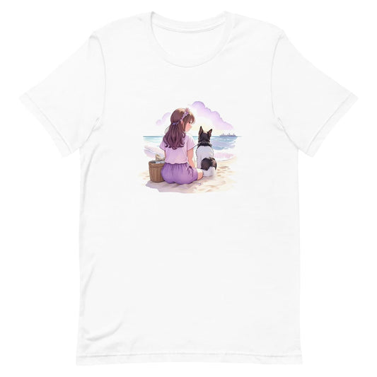 White crew neck short sleeved t-shirt, portraying a girl and her spirited pup basking in beach side, a lively hand-drawn illustration, a harmonious blend of dark reds, purples, and pinks.