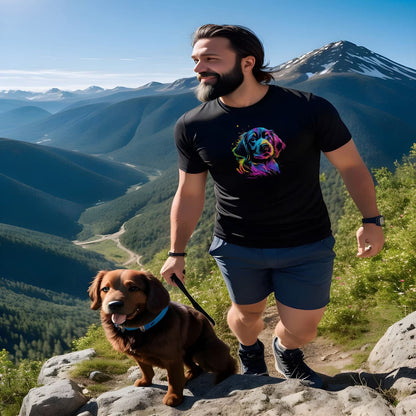 Man hiking mountain trail, with a dog. He is wearing a Black unisex crew neck short sleeved t-shirt,  feature a lively, cartoon-style illustration of a cute Cocker Spaniels dog face in vibrant neon hues.