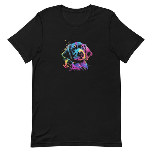 Black unisex crew neck short sleeved t-shirt,  feature a lively, cartoon-style illustration of a cute Cocker Spaniels dog face in vibrant neon hues. 