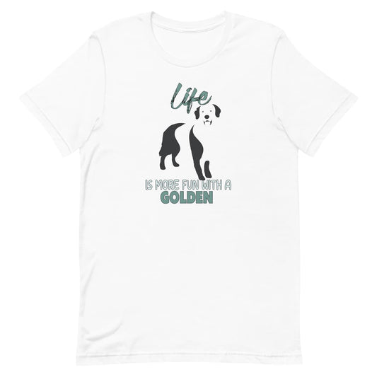 Gray unisex short sleeved cotton t-shirt showing Golden retriever silhouette and “Life is more fun with a golden” quote printed across the chest.