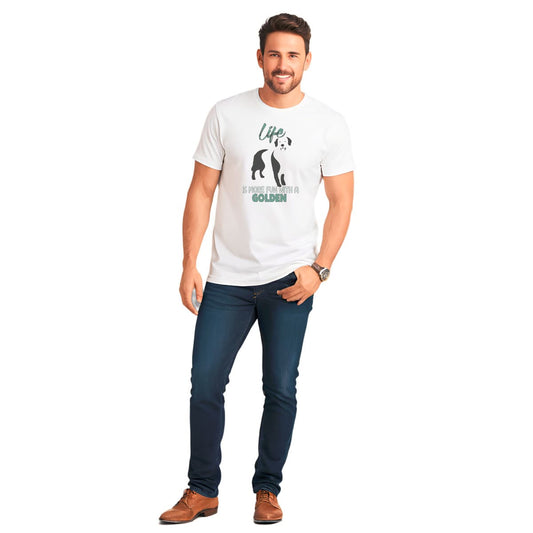 Male model wearing white Golden Retriever t-shirt with playful silhouette and quote, short sleeve crew neck design made from soft cotton.