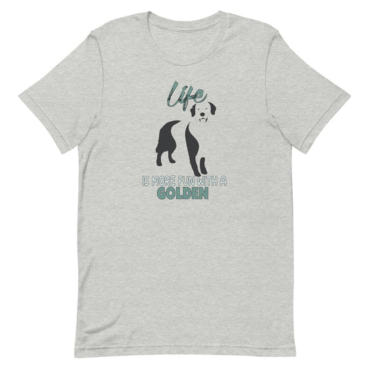 White unisex short sleeved cotton t-shirt showing Golden retriever silhouette and “Life is more fun with a golden” quote printed across the chest.