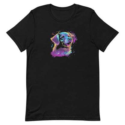 Black unisex crew neck short sleeved t-shirt, Features a happy Golden Retriever dog face in vibrant neon hues and splash artistry creation.