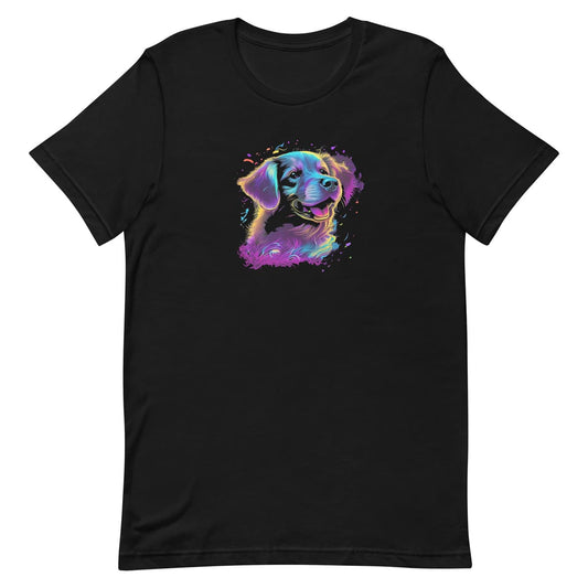 Black unisex crew neck short sleeved t-shirt, Features a happy Golden Retriever dog face in vibrant neon hues and splash artistry creation.