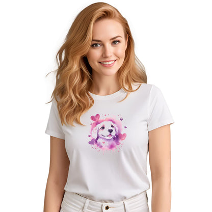 White crew neck short sleeved t-shirt, features an adorable Golden Retriever puppy, bursting of vibrant purples and pinks palette, splash with artistry hearts.  Female model shown in close-up to highlight print and fit.