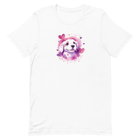 White crew neck short sleeved t-shirt, features an adorable Golden Retriever puppy, bursting of vibrant purples and pinks palette, splash with artistry hearts.