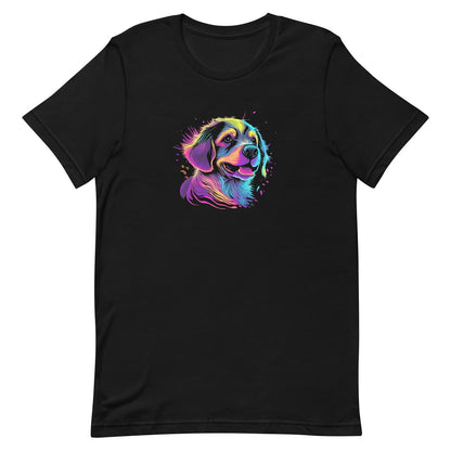Black unisex short sleeve cotton t-shirt featuring a hand-drawn Golden Retriever dog face in vibrant neon colors. Comfortable crew neck tee, perfect for dog lovers and casual everyday wear