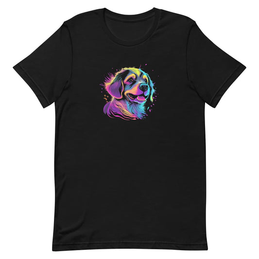 Black unisex short sleeve cotton t-shirt featuring a hand-drawn Golden Retriever dog face in vibrant neon colors. Comfortable crew neck tee, perfect for dog lovers and casual everyday wear