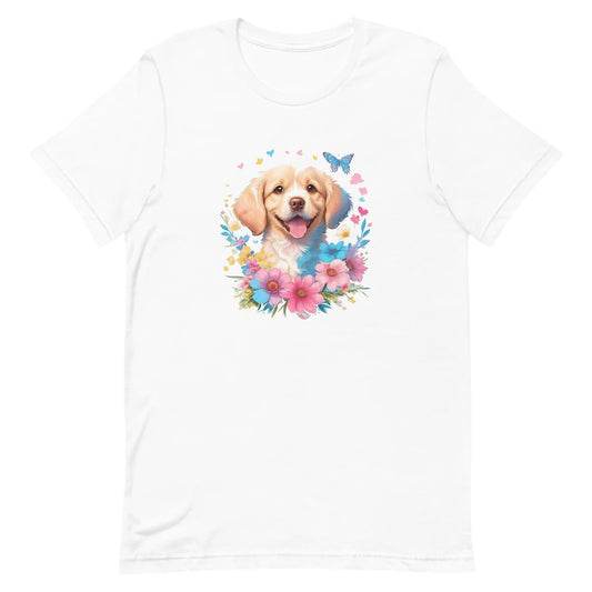 White crew neck short sleeved t-shirt, feature a happy Golden Retriever puppies cute dog face nestle with butterflies and floral basket.