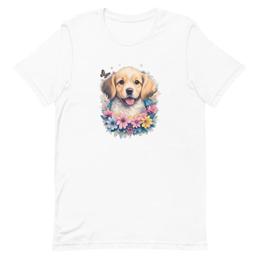 White crew neck short sleeved t-shirt, feature a cute happy Golden Retriever puppy dog face, in a nestle of butterflies and floral wreath. 