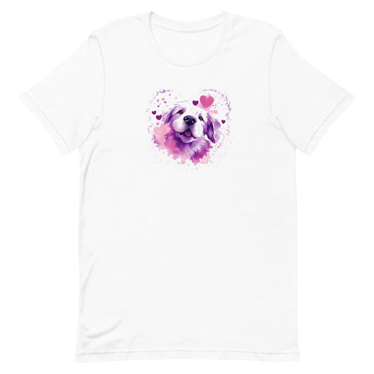 White crew neck short sleeved t-shirt, Showcases a cute Golden Retriever puppy dog face, splashed in hearts and colorful artistry.