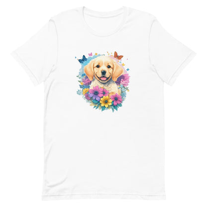 White crew neck short sleeved t-shirt, feature a happy Golden Retriever puppy dog face, surrounded by a floral symphony within a wicker basket.