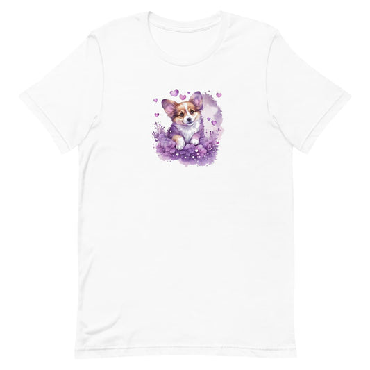 White crew neck short sleeved t-shirt, features a cute Corgi puppy dog nestle in hearts and floral garden, in a burst vibrant warm colors. 