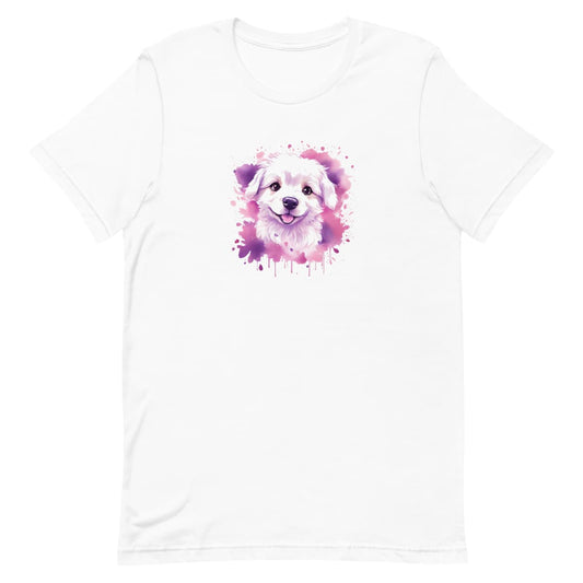 White crew neck short sleeved t-shirt. Featuring an enchanting Maltese puppy amidst a tapestry of splash artistry in vibrant pink and purple toned colors.