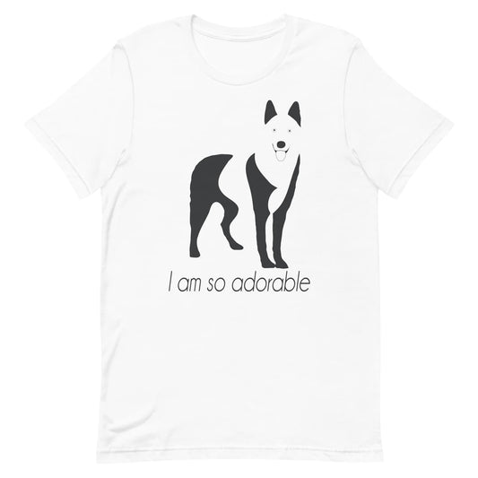 White crew neck short sleeved t-shirt, featuring a one-line graphic print of a hand-drawn cute Siberian Husky with its tongue out, and the playful text "I am so adorable”