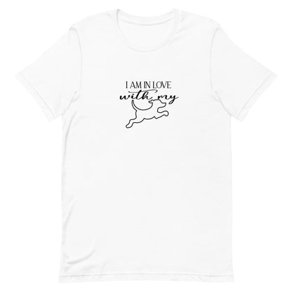 White crew neck short sleeved t-shirt, feature a dog jumping, above the message "i am in love with my dog" in bold black graphic style.