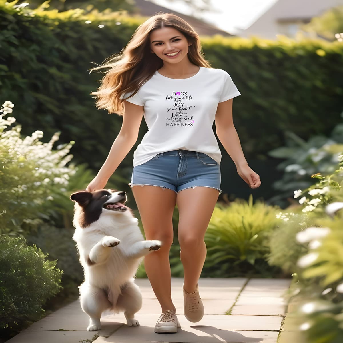 Women playing with a dog in a garden. She is wearing a white crew neck short sleeved t-shirt. Featuring an inspiring dog quote" dogs fills your life with joy, your heart with love and your soul with happiness" in a black bold black text with a pink dog icon, heart, and paws.
