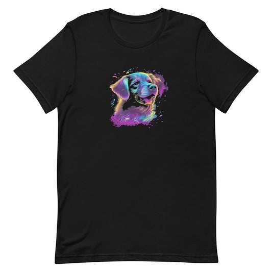 Black unisex crew neck short sleeved t-shirt, showcasing a cute Labrador dog face in neon vibrant colors.