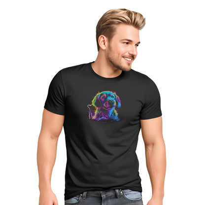 Black unisex crew neck short sleeved t-shirt, feature a intricate and lively cheerful Labrador's dog face, vividly outlined in neon vibrant colors, and hues   Male model shown in close-up to highlight print and fit.