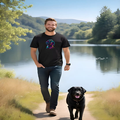 Man walking a black dog along a path by a lake with greenery in the background.He is wearing a Black unisex crew neck short sleeved t-shirt, showcasing a cute Labrador dog face in vibrant neon-hued palette. 