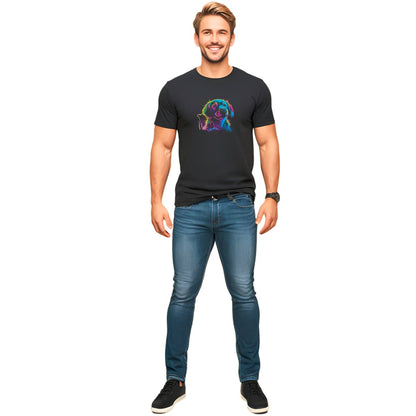 Black unisex crew neck short sleeved t-shirt, feature a intricate and lively cheerful Labrador's dog face, vividly outlined in neon vibrant colors, and hues   Male model shown in close-up to highlight print and fit.