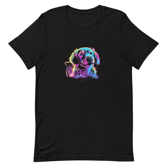 Black unisex crew neck short sleeved t-shirt, feature a intricate and lively cheerful Labrador's dog face, vividly outlined in neon vibrant colors, and hues