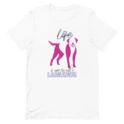 White crew neck short sleeved t-shirt. Featuring an adorable Labrador silhouette in cute pink, the tee also boasts a bold "Life" message and empowering "is more fun with a Labrador" phrase.