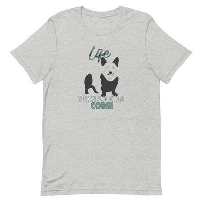 Gray crew neck short sleeved t-shirt, feature a graphic black/white hand-drawn standing Corgi.